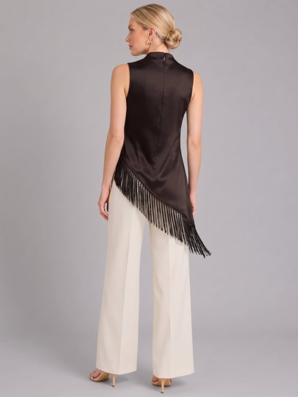 Women's Chocolate Satin Mock Neck Blouse Sleeveless Fringe Asymmetrical Silk Top - Picture 2 of 3